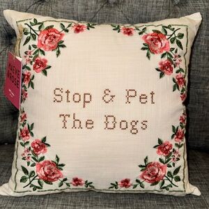 'Stop & Pet The Dogs' Floral Embroidered Dog Pillow - Cream & Pink
